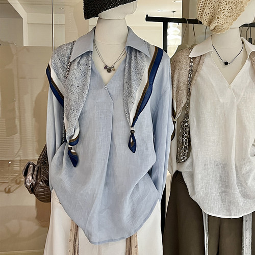 配丝巾亚麻衬衫女宽松法式老钱风