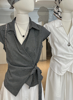 格子衬衫短袖女夏交叉v领绑带收腰修身 韩系chic不规则设计感上衣