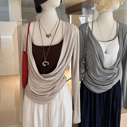 纯风欲薄款交叉V领T恤背心两件套