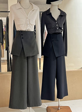 带屁帘西装阔腿裤女秋垂感高腰宽松直筒叠穿高级感休闲灰色长裤子