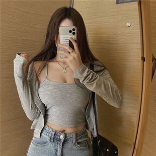纯欲系辣妹装2026秋季新款修身显瘦性感短款开衫吊带上衣两件套潮