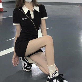 法式polo领黑色中长款t恤裙女夏季新款气质显瘦收腰时尚包臀A字裙