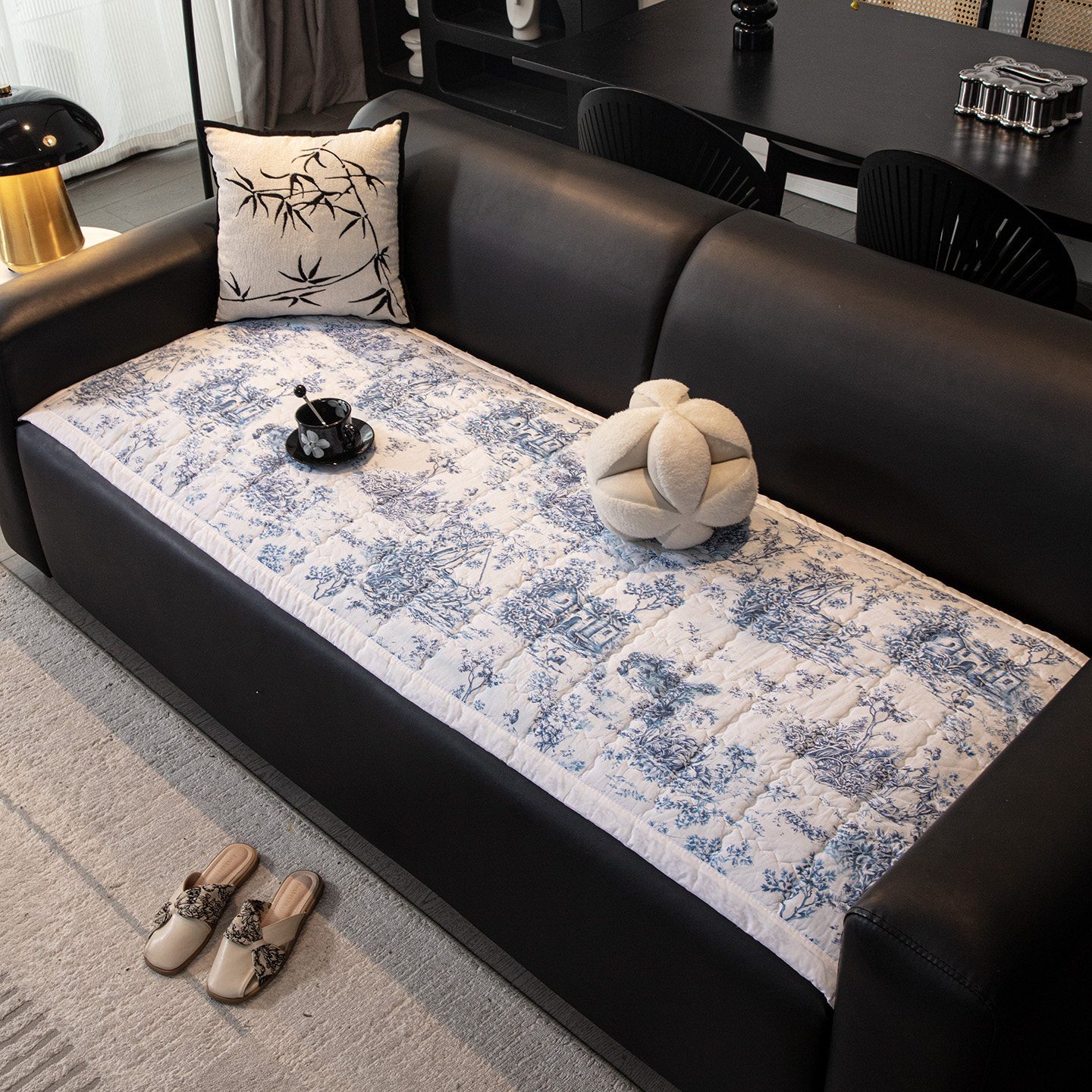 韩国蓝色乡村印花纯棉客厅沙发垫防滑简约四季通用加厚沙发坐垫子