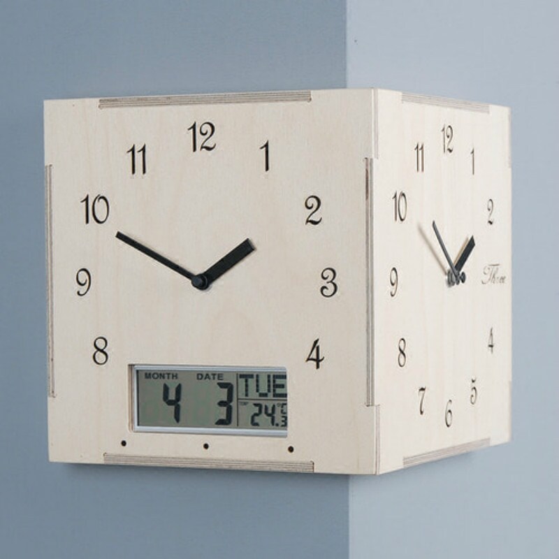 韩国进口简约客厅双面挂钟复古原木静音卧室钟表时钟带日历温度计