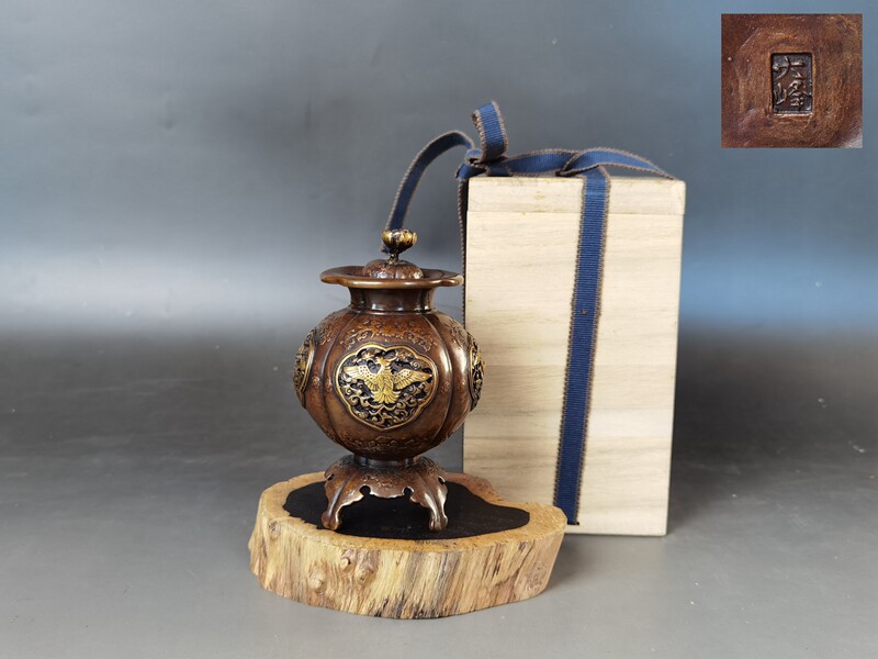 日本高冈铜器名家大峰作手工蜡型铸铜福寿莲花香炉禅意香道熏香