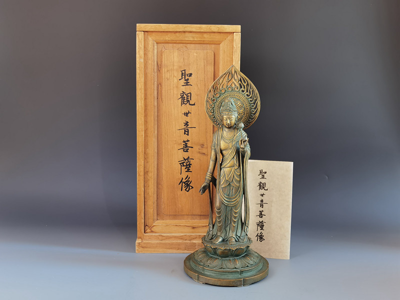 日本高冈铜器大师松久宗琳作圣观世音菩萨像铜制佛像摆件收藏