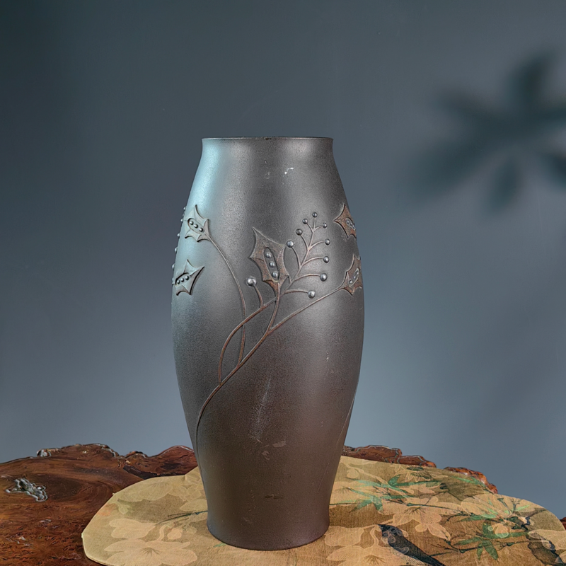 日本铜器嵌银花草纹花瓶花器复古典客厅茶室摆件老物件艺术收藏