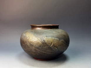 日本回流老物件手工锤起铜器锤目双鱼花瓶花器禅意花入桌面装饰