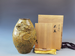 日本平井昇作纯铜蜡型铸铜高肉浮雕云龙图花瓶老铜器复古家居装饰