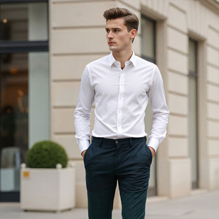 白色男士 Seno机洗免烫抗皱白衬衫 商务上班职业正装 修身 衬衣 男长袖