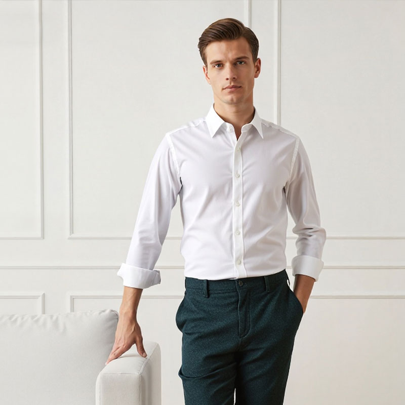 Seno水波纹浅蓝秋季男士免烫修身衬衫竹纤维弹力商务正装抗皱衬衣