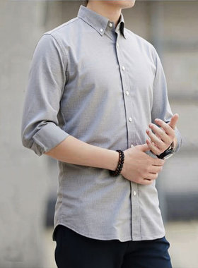 Seno细腻柔软80支DP纯棉牛津纺长袖衬衫灰色修身韩版春秋商务衬衣