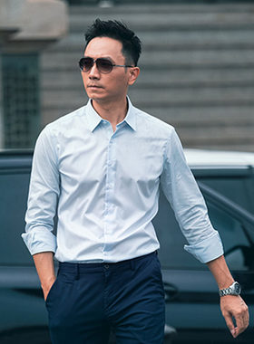 seno方领长袖暗门襟浅蓝衬衫棉质