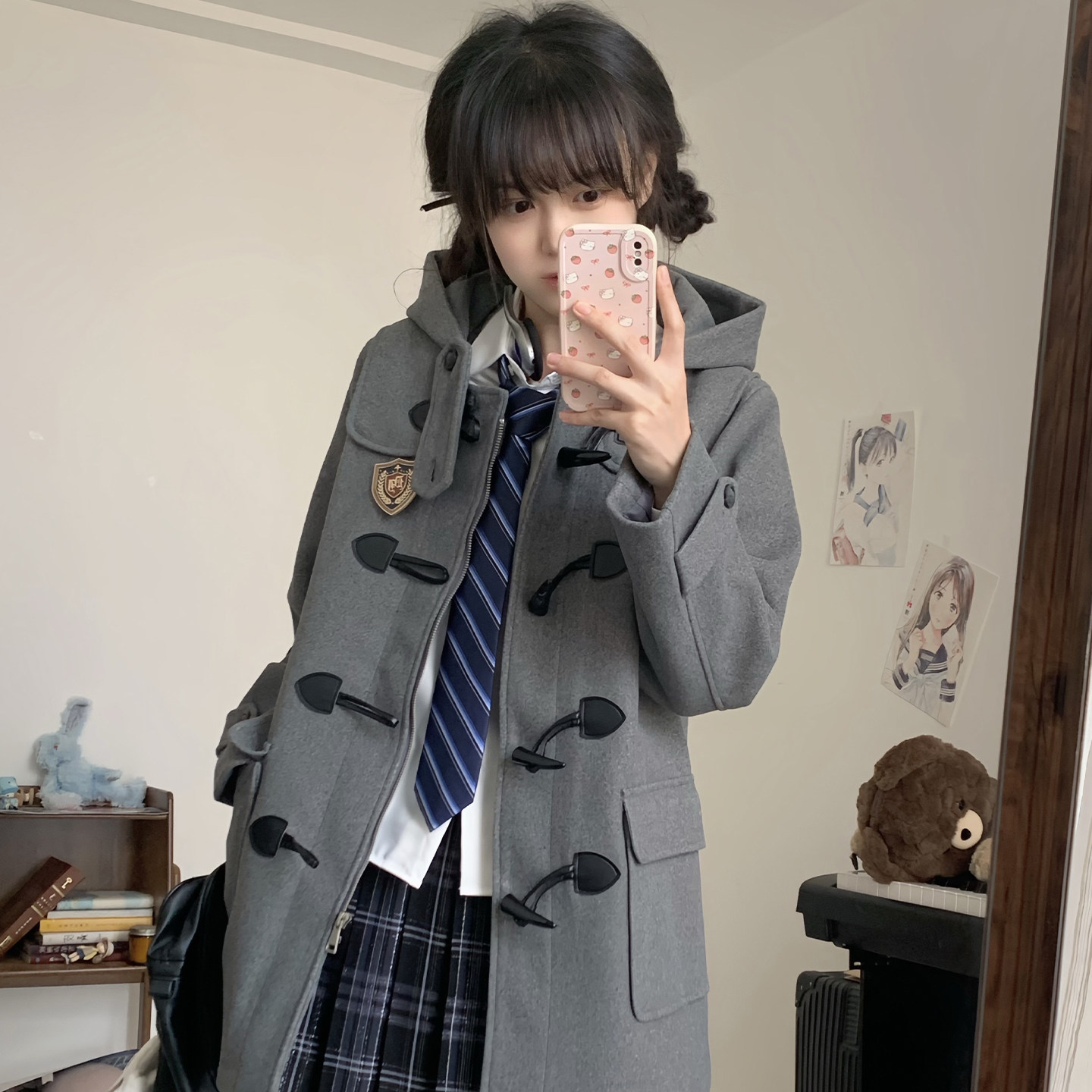 东京岁时记jk秋冬灰色牛角扣毛呢大衣小个子学院风夹棉连帽外套女,女装/女士精品,棉衣/棉服,淘宝优惠券,粉丝福利购,淘宝优惠卷