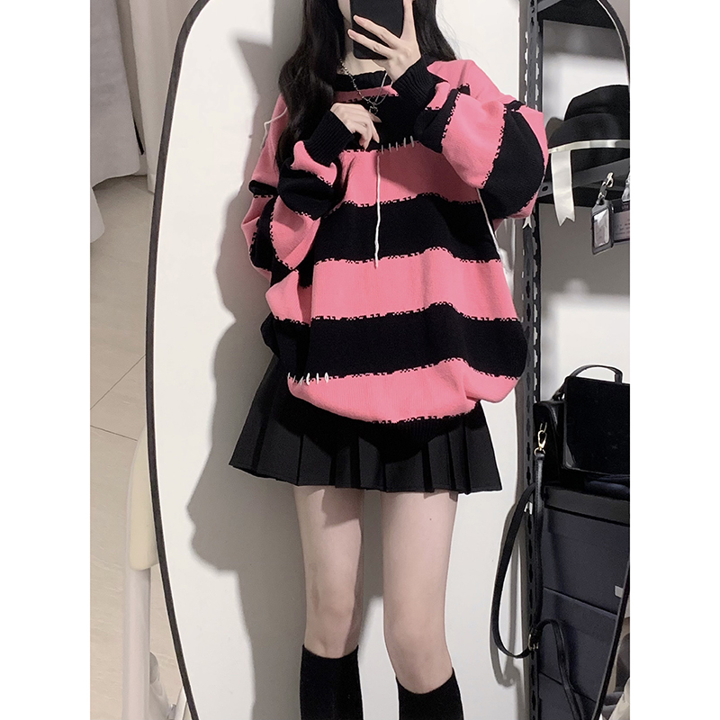 条纹撞色日系校供圆领长款毛衣