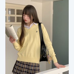 东京岁时记jk外套女黄色针织V领套头毛衣女款 春秋纯棉上衣灰野川
