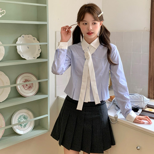 学院风小个子气质条纹上衣衬衫