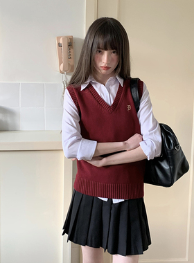 东京岁时记jk制服圣诞穿搭针织马甲背心女春秋红色刺绣纯棉上衣女