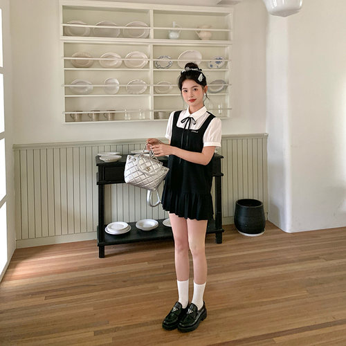 绀色吊带裙假两件衬衫连衣裙女夏