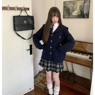 新款 宽松制服海军领慵懒风藏青色毛衣针织上衣外套女东京岁时记JK