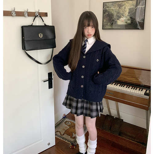 藏青色针织开衫外套女2024秋冬