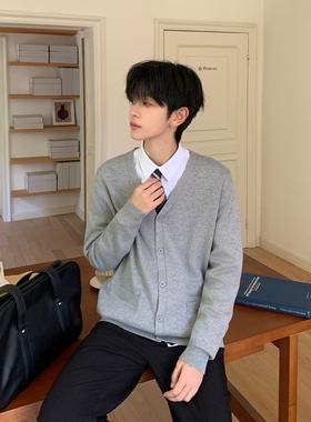 东京岁时记dk秋冬新款花灰色V领针织开衫男长袖宽松毛衣外套上衣