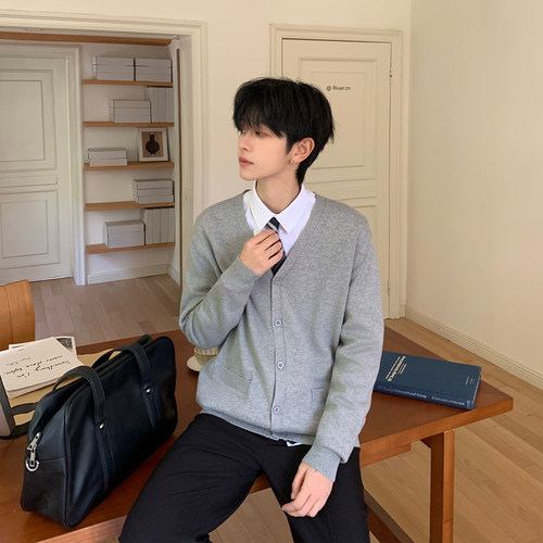 dk秋冬新款花灰色V领针织开衫