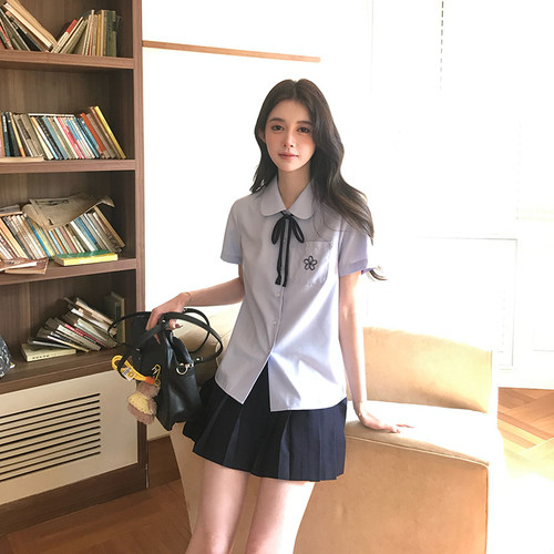 蓝色衬衫短袖衬衫女学生夏季