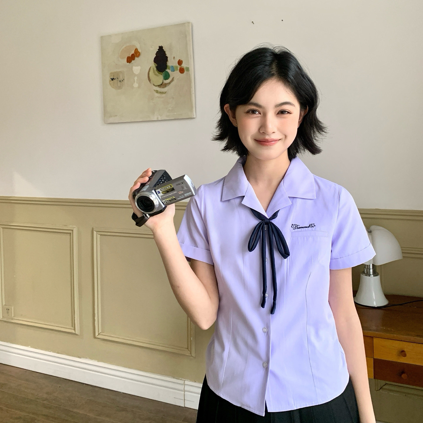 东京岁时记jk制服西装领短袖衬衫女夏学院风校服气质显瘦紫色衬衣