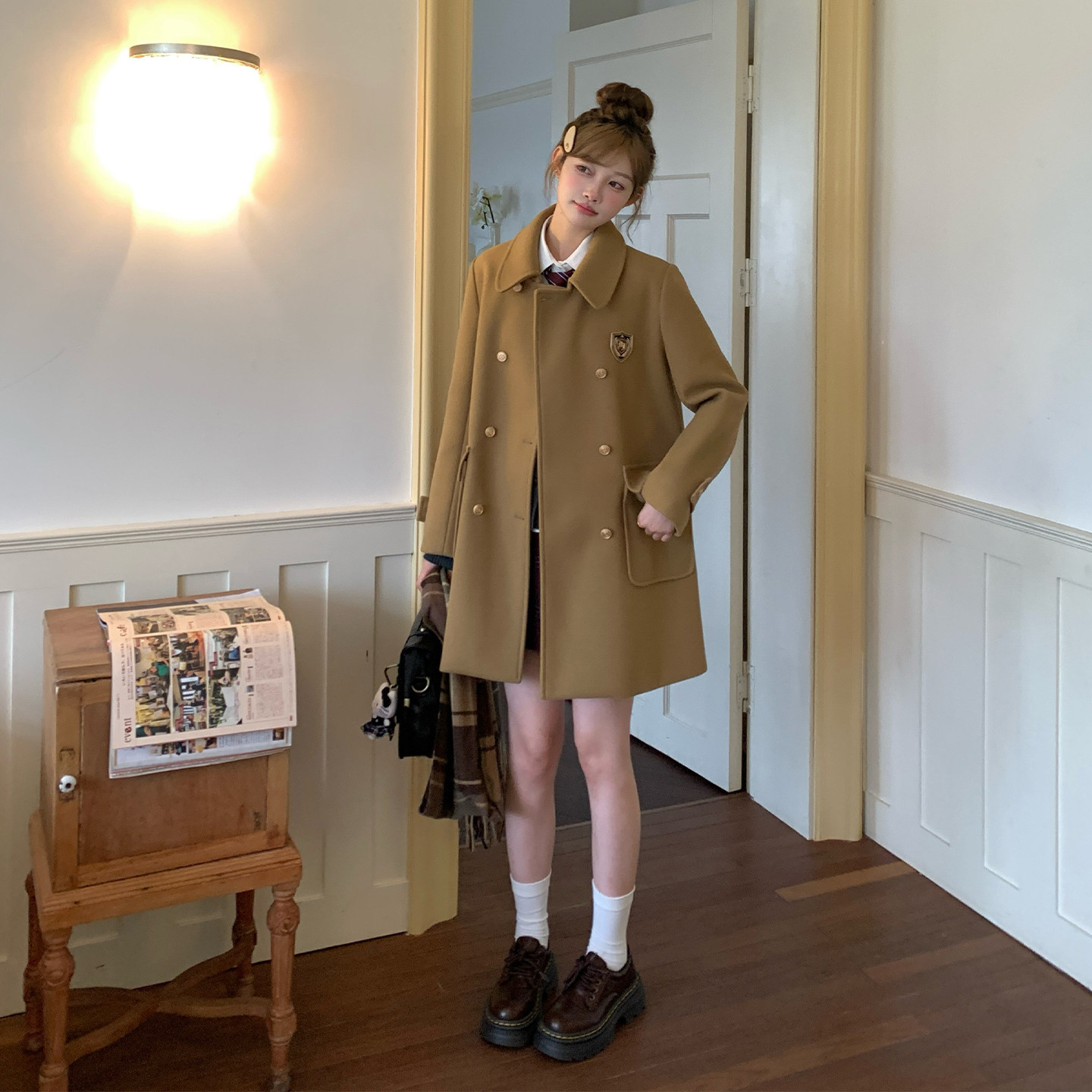 东京岁时记中长款驼色毛呢外套