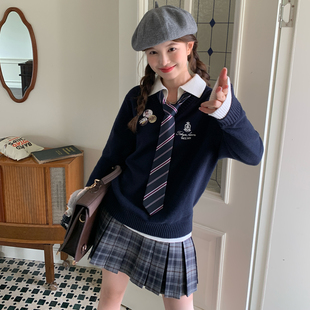 东京岁时记jk秋冬新款 假两件撞色翻领毛衣藏青色小个子套头针织衫