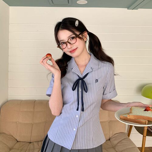 东京岁时记jk蓝条收腰短袖衬衫女