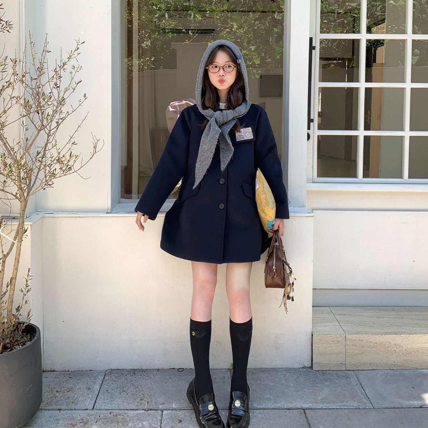 东京岁时记jk秋冬学院风藏青色毛呢外套女小个子灰色围巾帽子大衣