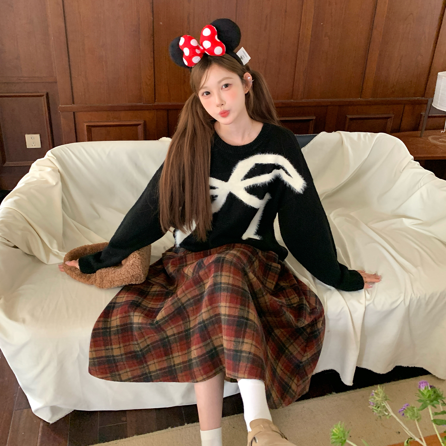 东京岁时记黑色圆领大蝴蝶结毛衣