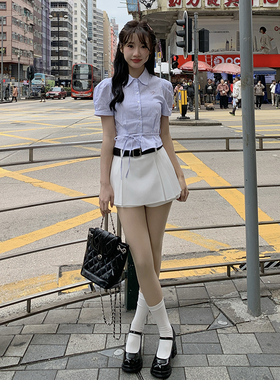 春日情书a字裙收腰显瘦百褶裙套装夏包臀裙灰色半裙东京岁时记jk