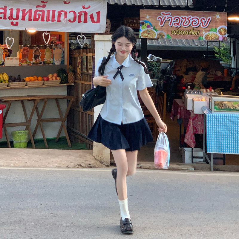 东京岁时记jk制服原创泰式衬衫女学院风泰国校服短袖上衣蓝色衬衣