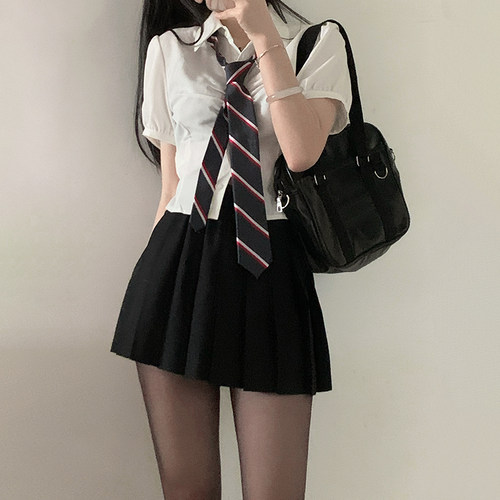 收腰衬衫短袖包臀裙套装辣妹风