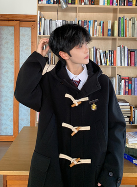 东京岁时记dk秋冬新款黑色毛呢大衣牛角扣日系连帽外套中长款上衣