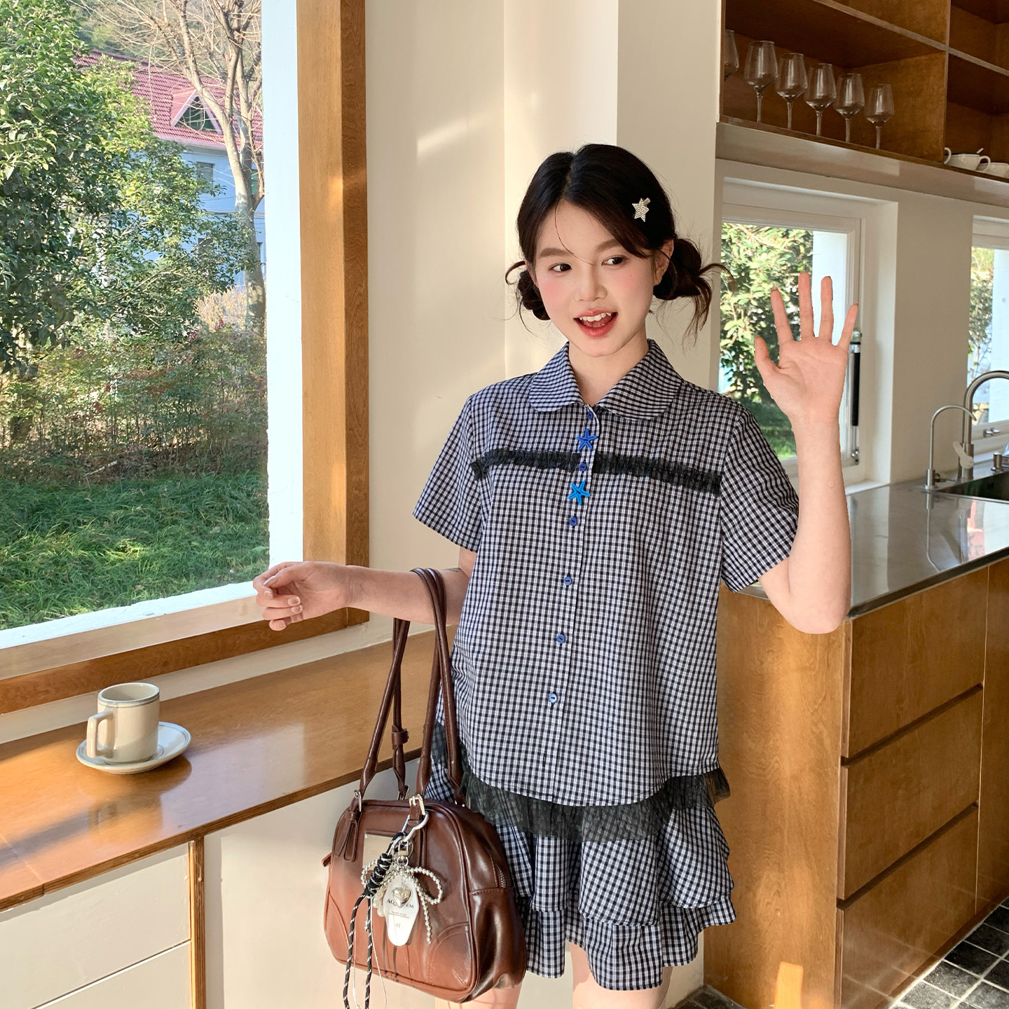 东京岁时记jk原创设计女夏季小个子蕾丝边短袖格子衬衫蓬蓬裙套装