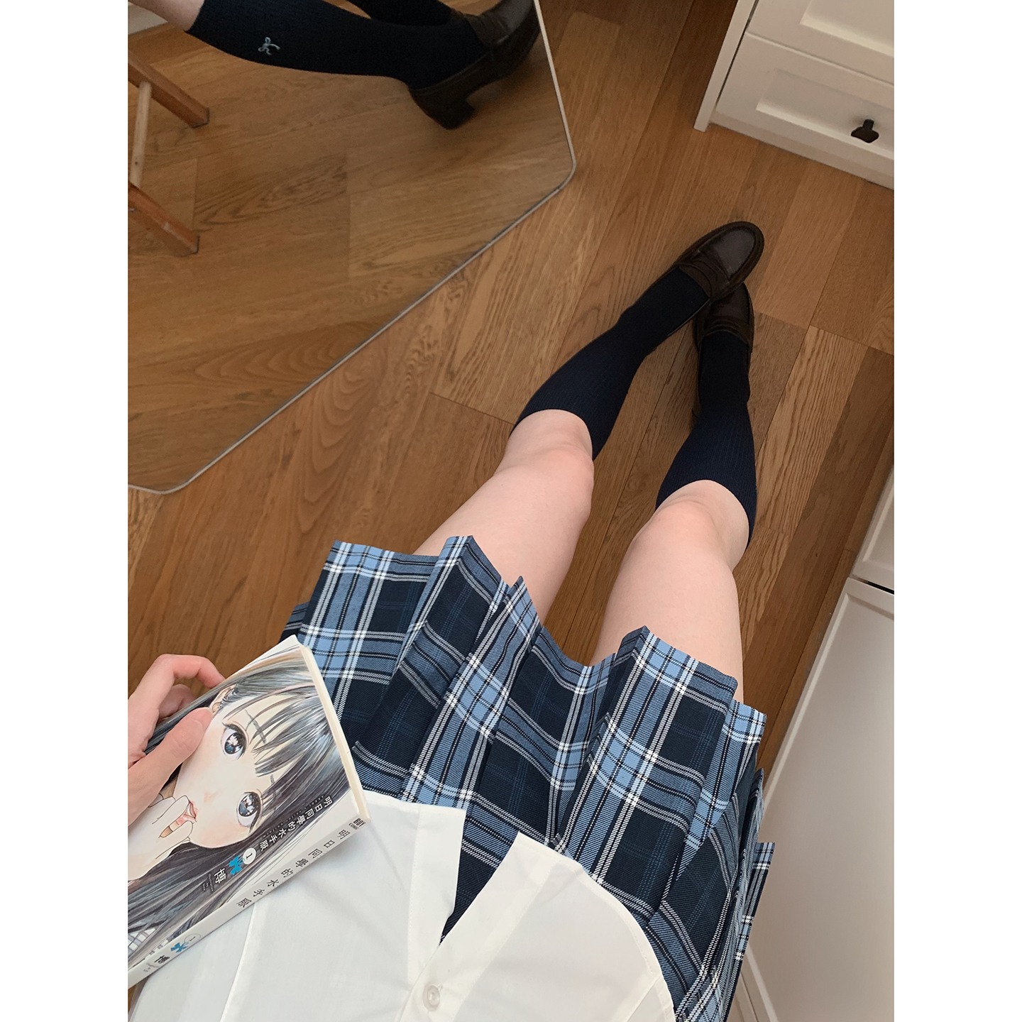 校供感蓝雾冰茶学院风新款格子裙