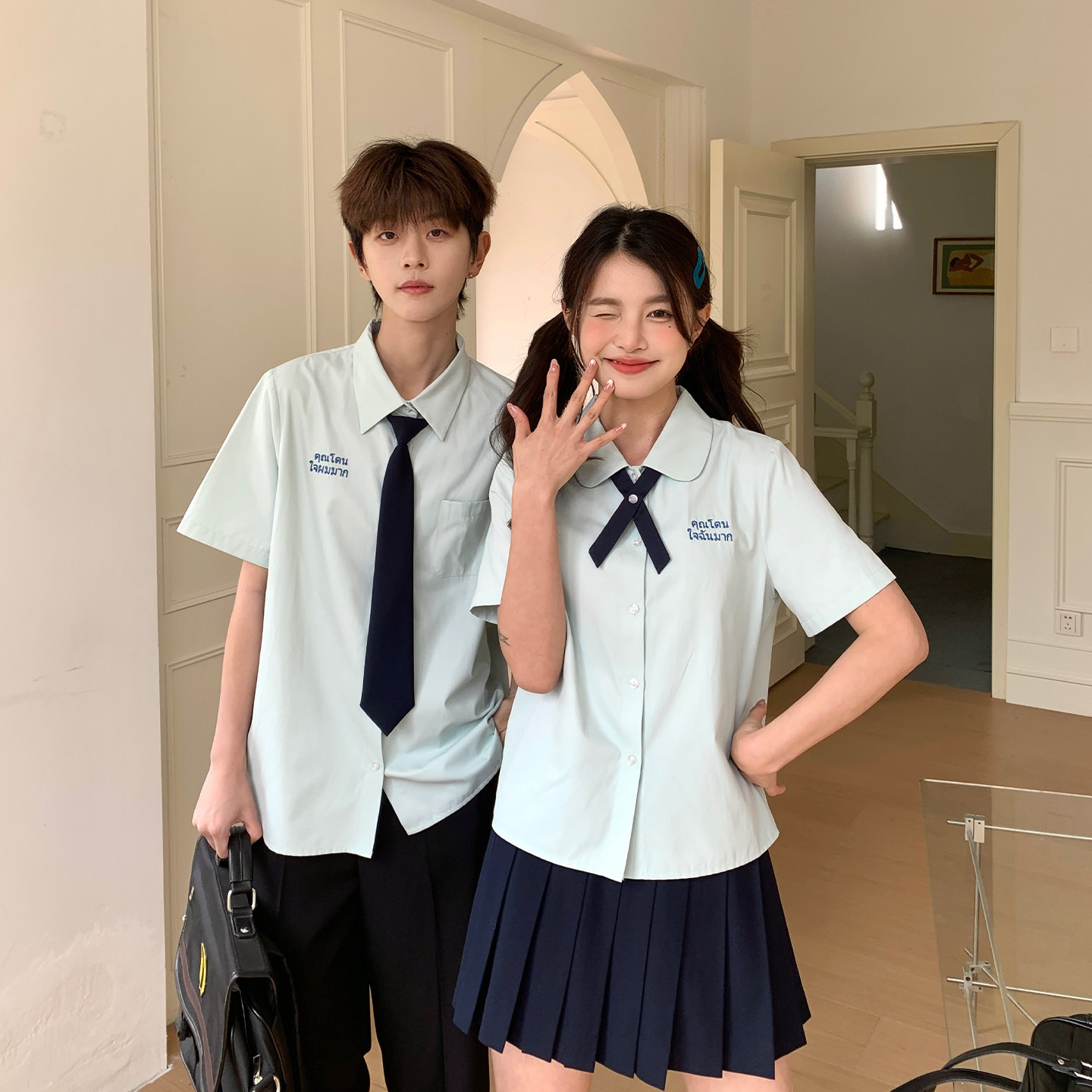 东京岁时记jk制服学院风绿色短袖衬衫女夏季情侣泰式休闲校服套装