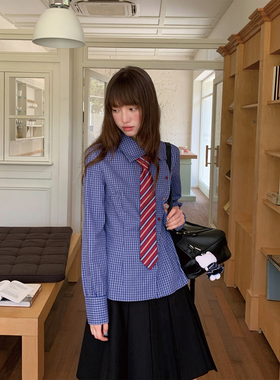 东京岁时记jk复古蓝色格子不对称设计感长袖衬衫时尚学院风女上衣