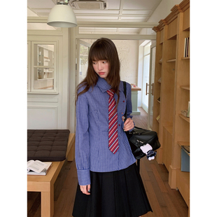 学院风女上衣 时尚 东京岁时记jk复古蓝色格子不对称设计感长袖 衬衫