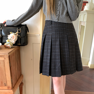 东京岁时记jk秋冬新款 百褶A字半身裙复古黑棕格子百褶裙中长裙女