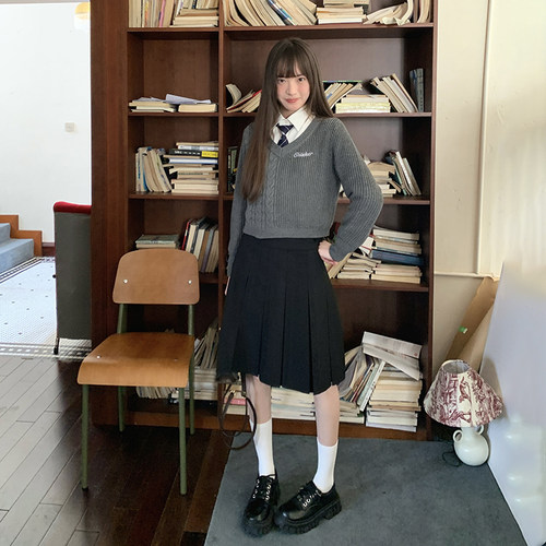 JK制服学院风黑色中长款半身裙