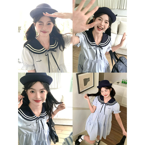 白色连衣裙女学院风海军领连衣裙
