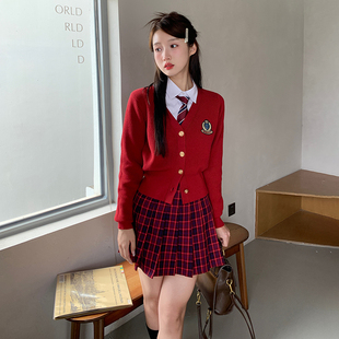 东京岁时记jk 女初春内搭毛衣开衫 红色毛衣上衣女小香风针织衫 新款