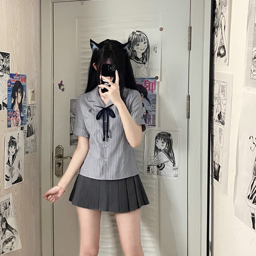 东京岁时记JK短袖衬衫蓝色收腰夏