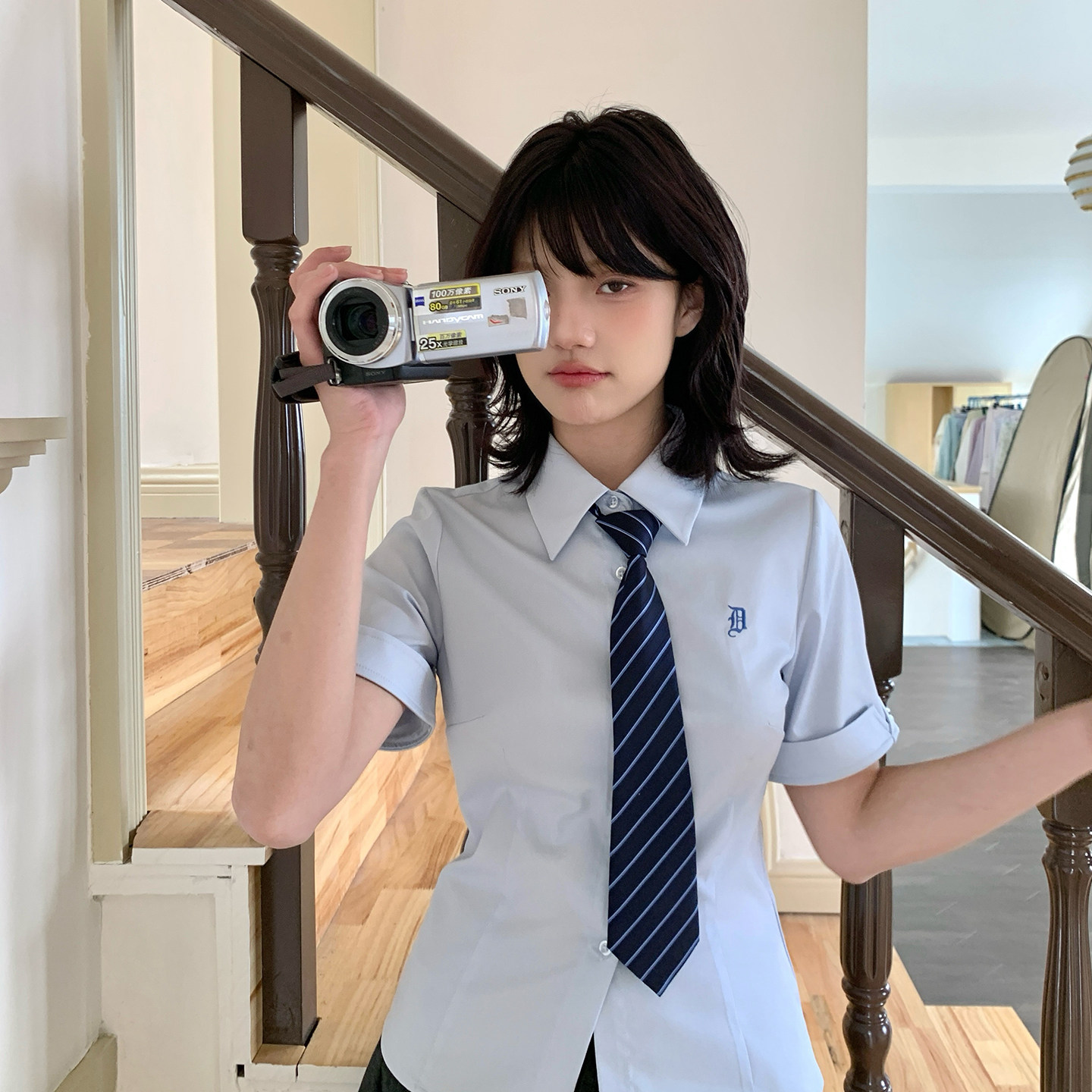 东京岁时记JK制服原创正版蓝色短袖衬衫女夏小个子学院风收腰衬衣
