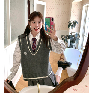背心马夹套装 东京岁时记jk日系学院风灰色V领套头马甲春季 基础款